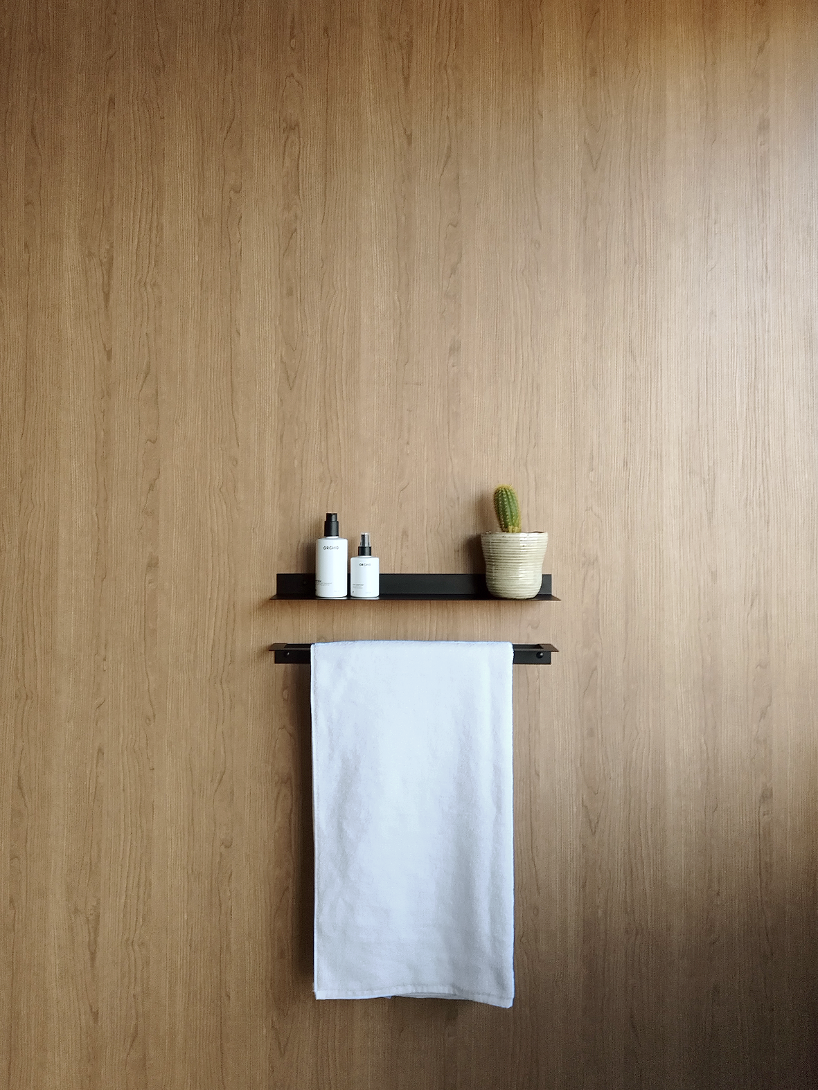 A black bathroom shelf with a black bath towel rail or a black bathroom accessory set in a luxury bathroom. The black shelf has soap dispensers from Mr Price Home on the left and a cactus on the right. The black stainless steel towel holder has a white towel.