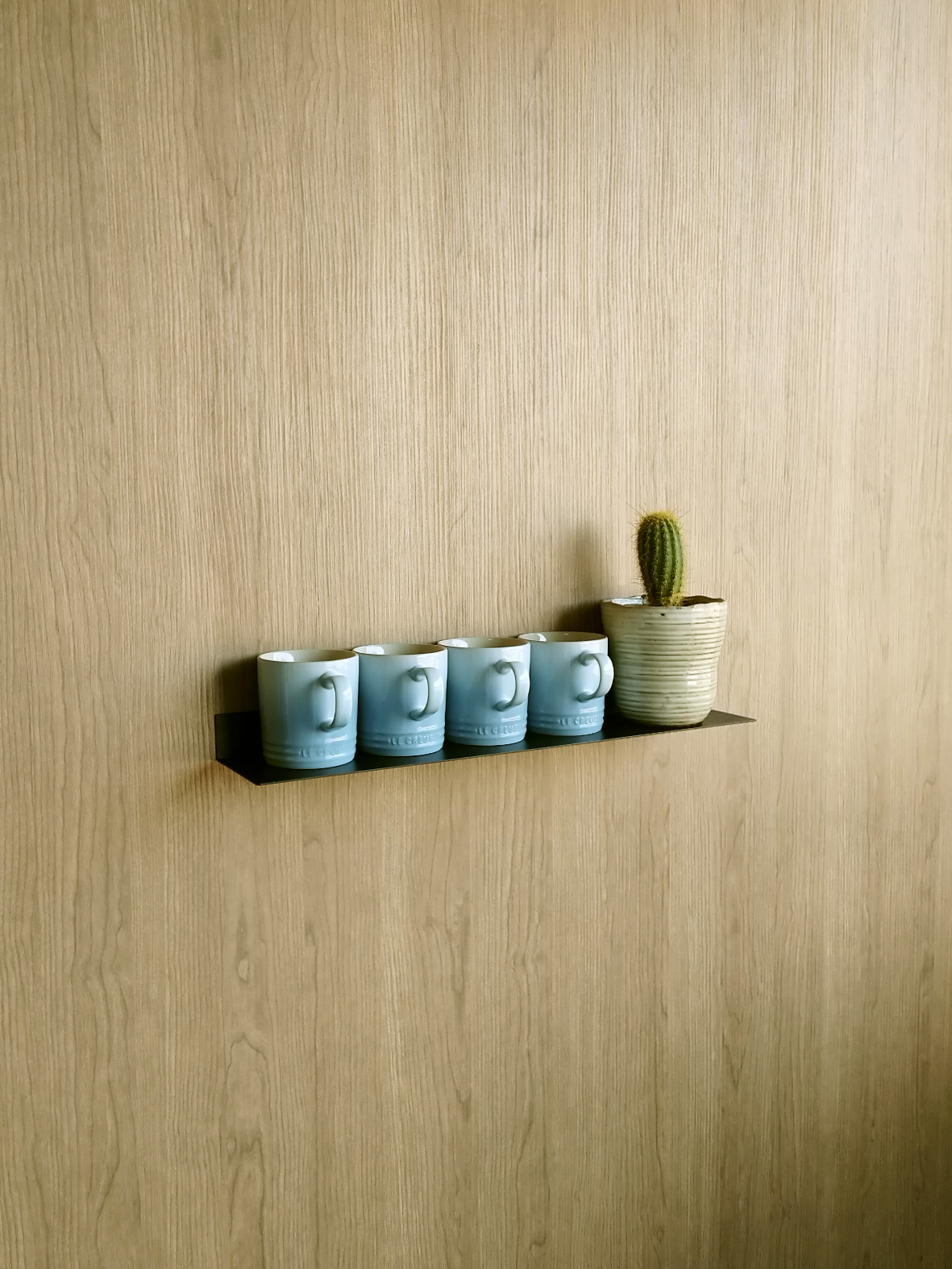 Black steel wall shelf for kitchen with le creuset mugs and indoor plant from Mr Price Home in Johannesburg design store